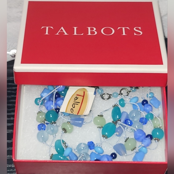 Talbots 3 Strand Blue Aqua Green Glass Silver Ton Statement Necklace Vintage NWT - Picture 6 of 6